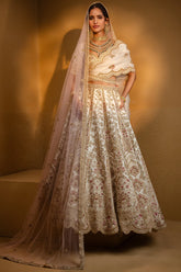 Cream Raw Silk Heavy Designer Bridal Lehenga with Scallop V Neckline and Double Dupatta